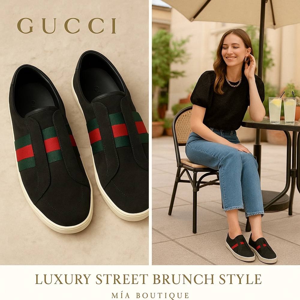 Gucci Black Suede Web Stripe Slip-On Sneakers Size 7.5 - Picture 15 of 15